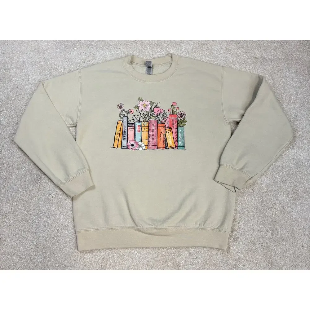 Gildan Taylor Swift Albums As Books Graphic Crewneck Beige Sweatshirt Size S - Picture 2 of 5